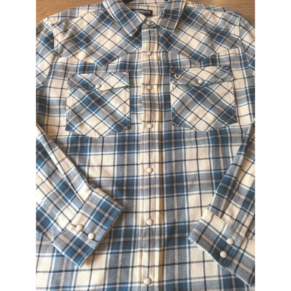 True Religion Western Pearl Snap Button Shirt Mens M Plaid Horseshoe Blue Ivory